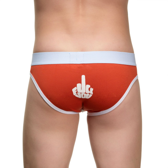 Оранжевые мужские трусы-слипы с провокационной надписью на задней части Оранжевые мужские трусы-слипы с провокационной надписью на задней части