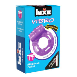 Лиловое эрекционное виброкольцо Luxe VIBRO «Бешеная Гейша» + презерватив