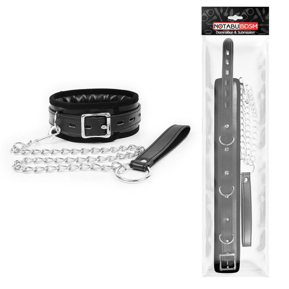 Черный ошейник на металлическом поводке с ручкой-петлей Черный ошейник на металлическом поводке с ручкой-петлей