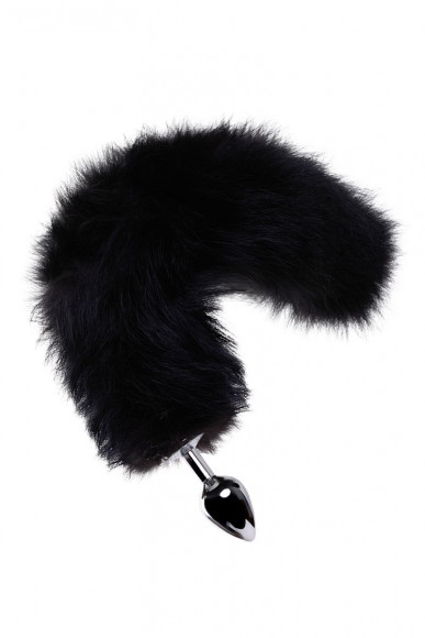 Большая серебристая металлическая анальная втулка с черным лисьим хвостом