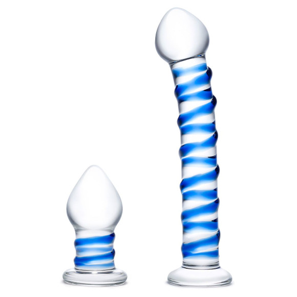 Набор из 2 стеклянных игрушек с синей спиралью Swirly Dildo & Buttplug Set Набор из 2 стеклянных игрушек с синей спиралью Swirly Dildo & Buttplug Set