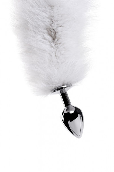 Большая серебристая металлическая анальная втулка с серым лисьим хвостом