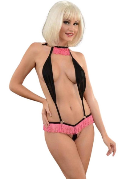 Оригинальное боди с розовой бахромой на шее и бёдрах Оригинальное боди с розовой бахромой на шее и бёдрах