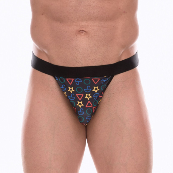 Темно-серые трусы-тонги с разноцветным принтом Темно-серые трусы-тонги с разноцветным принтом