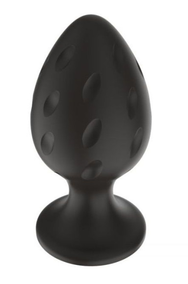 Черная средняя силиконовая анальная пробка с рельефом в виде углублений Черная средняя силиконовая анальная пробка с рельефом в виде углублений