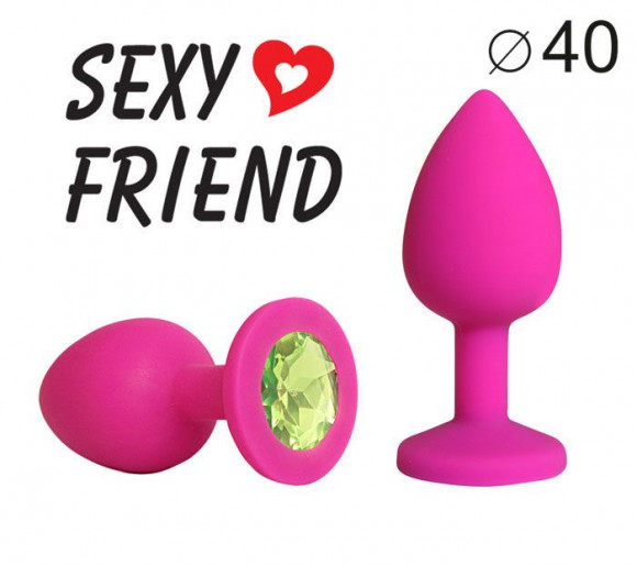 Ярко-розовая анальная пробка с салатовым кристаллом - 9,5 см.