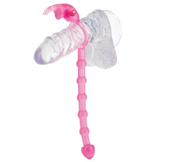 Розовое эрекционное кольцо с анальной цепочкой для него и виброзайцем для неё RAVISHING BUTT TAIL