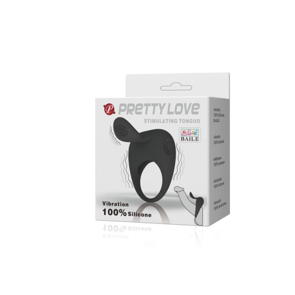 Чёрное эрекционное кольцо с вибрацией и клиторальным язычком Чёрное эрекционное кольцо с вибрацией и клиторальным язычком