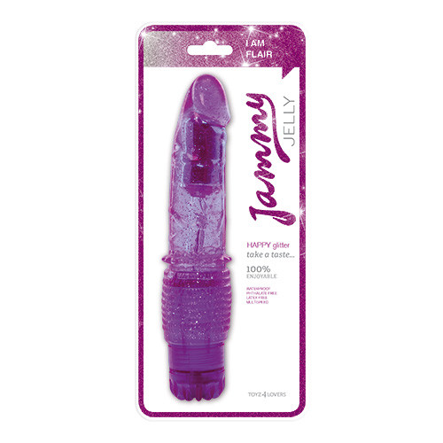 Фиолетовый вибратор с блёстками VIBRATOR JAMMY JELLY HAPPY GLITTER - 21 см.
