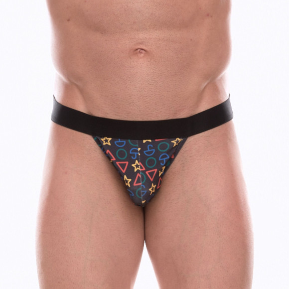 Темно-серые трусы-танга с разноцветным принтом в виде значков Темно-серые трусы-танга с разноцветным принтом в виде значков