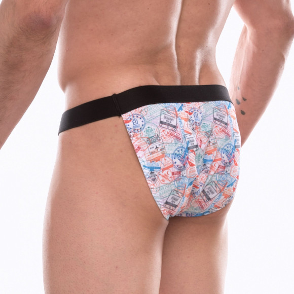 Мужские трусы-танга с принтом в виде цветных штампов Мужские трусы-танга с принтом в виде цветных штампов