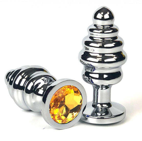 Серебристая ребристая анальная пробка с оранжевым кристаллом - 8 см.