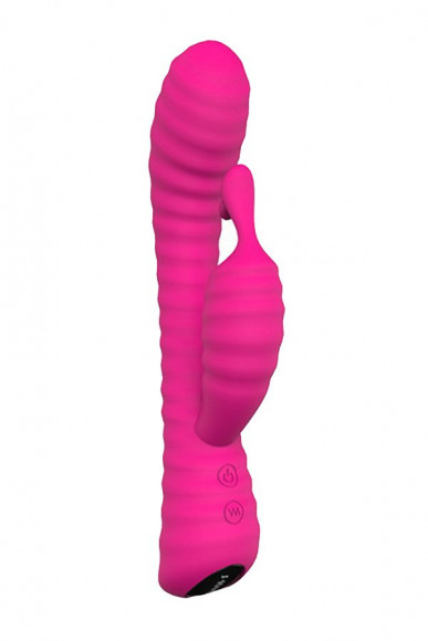 Розовый ребристый вибратор с клиторальным стимулятором S-HANDE Moonlight - 21,1 см.