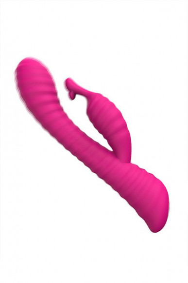 Розовый ребристый вибратор с клиторальным стимулятором S-HANDE Moonlight - 21,1 см.