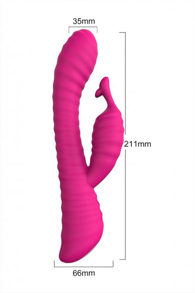 Розовый ребристый вибратор с клиторальным стимулятором S-HANDE Moonlight - 21,1 см.