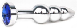 Удлиненная серебристая анальная втулка с синим кристаллом - 11,3 см. 