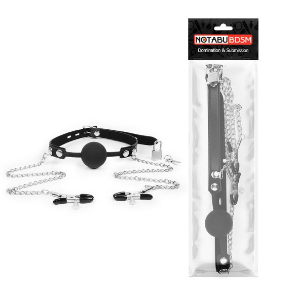 Черный кляп-шарик с зажимами на соски на металлической цепочке Черный кляп-шарик с зажимами на соски на металлической цепочке