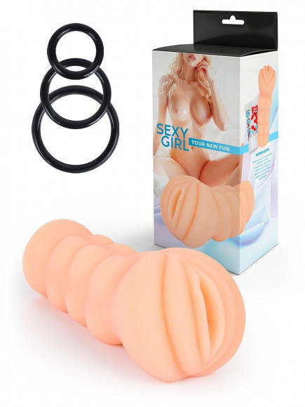 Телесный мастурбатор-вагина с эрекционными кольцами в комплекте Телесный мастурбатор-вагина с эрекционными кольцами в комплекте