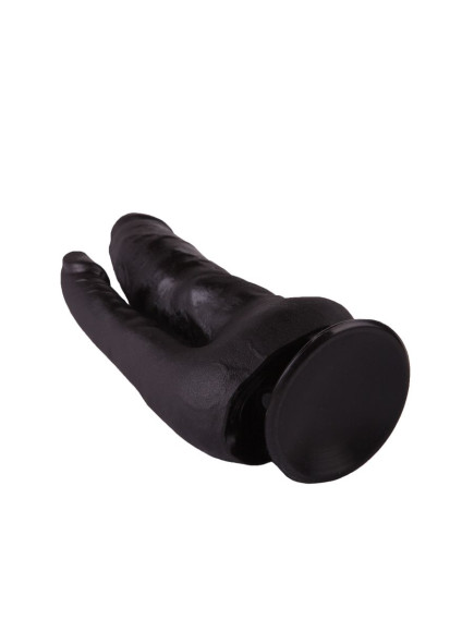 Двойной фаллоимитатор чёрного цвета на присоске - 17 см. Двойной фаллоимитатор чёрного цвета на присоске - 17 см.