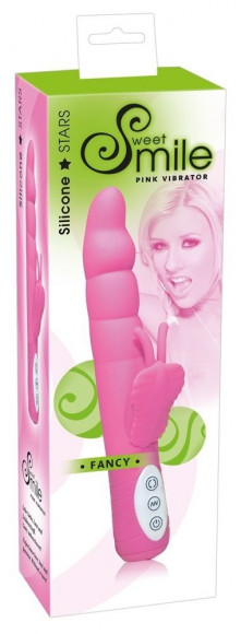 Розовый вибратор со стимулятором-бабочкой - 24 см.