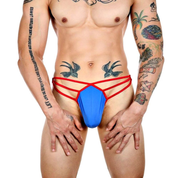Синие сексуальные трусы-стринги на тонких красных бретелях Синие сексуальные трусы-стринги на тонких красных бретелях