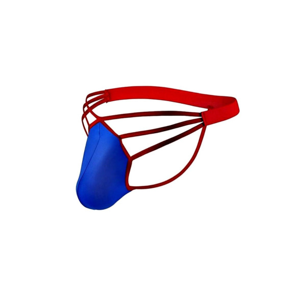 Синие сексуальные трусы-стринги на тонких красных бретелях Синие сексуальные трусы-стринги на тонких красных бретелях