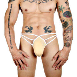 Бежевые сексуальные трусы-стринги на тонких белых бретелях Бежевые сексуальные трусы-стринги на тонких белых бретелях