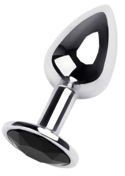 Маленькая коническая серебристая анальная пробка с черным кристаллом - 7 см. 