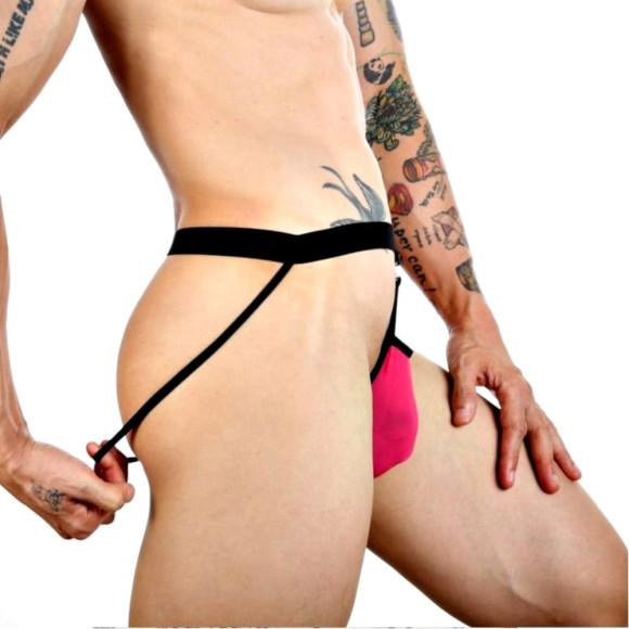 Розовые сексуальные трусы-джоки на тонких черных ремешках Розовые сексуальные трусы-джоки на тонких черных ремешках