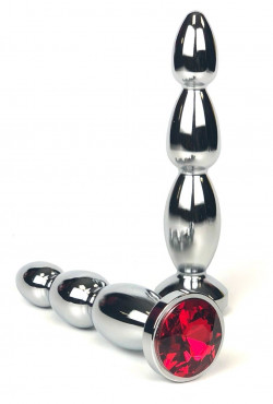 Серебристая анальная пробка-ёлочка с красным кристаллом - 12 см.