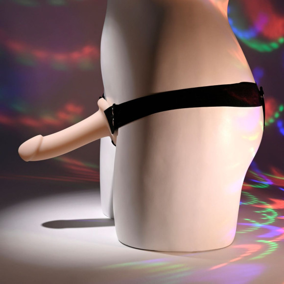 Телесный полый страпон с черными эластичными ремешками Our First Hollow Strap On Телесный полый страпон с черными эластичными ремешками Our First Hollow Strap On