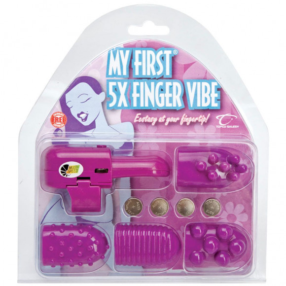 Фиолетовый вибратор на палец с четырьмя  насадками 