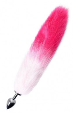 Серебристая анальная пробка с розово-белым хвостом