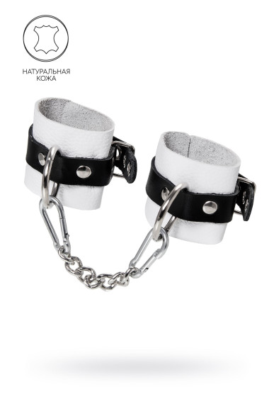 Бело-черные кожаные наручники с одним ремешком с люверсами Бело-черные кожаные наручники с одним ремешком с люверсами
