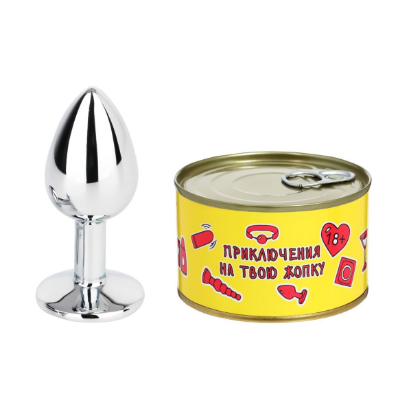 Серебристая анальная пробка «Приключения на твою жопку» в консервной банке Серебристая анальная пробка «Приключения на твою жопку» в консервной банке
