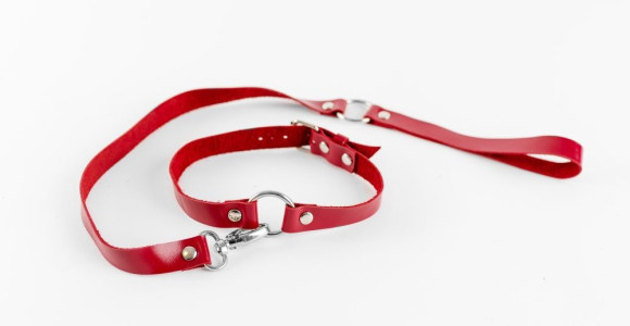 Красный чокер из натуральной кожи с поводком Красный чокер из натуральной кожи с поводком