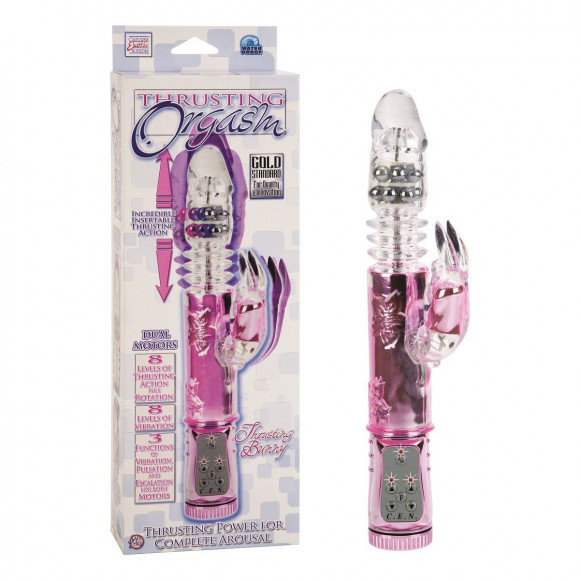 Розовый хай-тек вибратор THRUSTING BUNNY с возвратно-поступательным движением - 27 см.