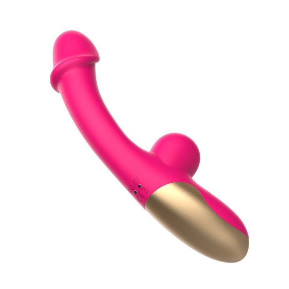 Розовый изогнутый вибромассажёр с имитацией мошонки - 20,4 см. Розовый изогнутый вибромассажёр с имитацией мошонки - 20,4 см.