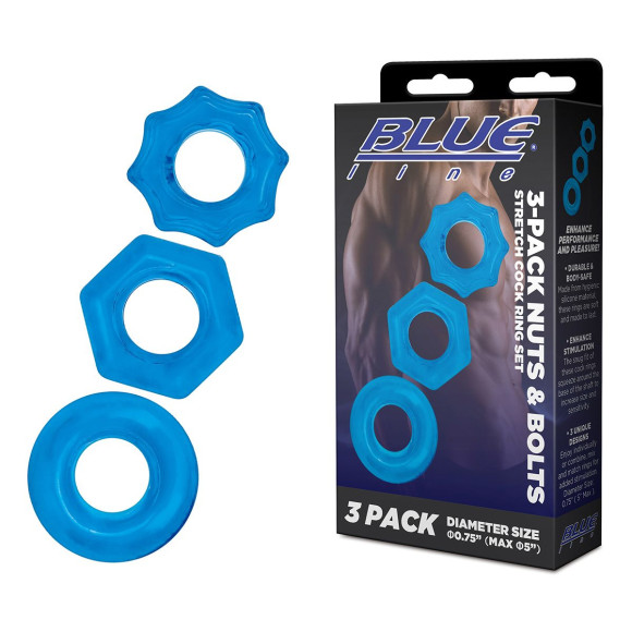 Комплект из трех голубых колец для эрекции 3-Pack Nuts & Bolts Stretch Cock Ring Set Комплект из трех голубых колец для эрекции 3-Pack Nuts & Bolts Stretch Cock Ring Set
