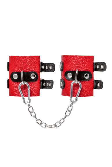 Красно-черные мягкие наручники с двумя ремешками с люверсами Красно-черные мягкие наручники с двумя ремешками с люверсами